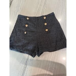Black Medium Tweed Bouclé High-Rise Sailor Shorts with Gold Crest Buttons